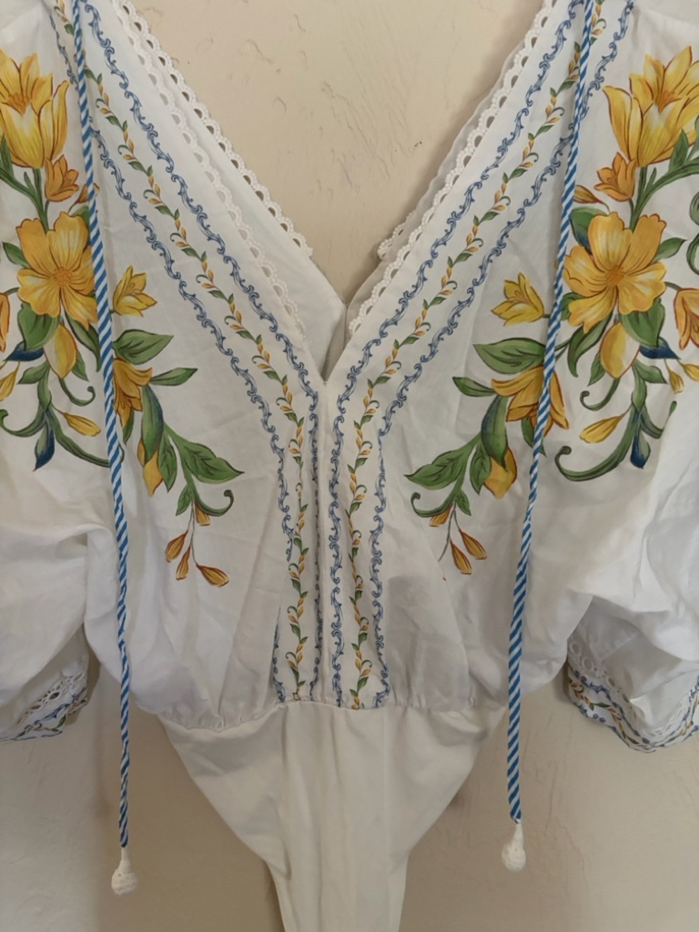 Farm Rio White Floral V-Neck Embroidered Body Suit. Excellent Condition! - Picture 2 of 7